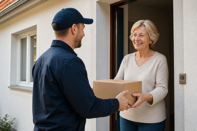 Corriere che consegna un pacco a una donna sulla porta di casa, con pagamento alla consegna