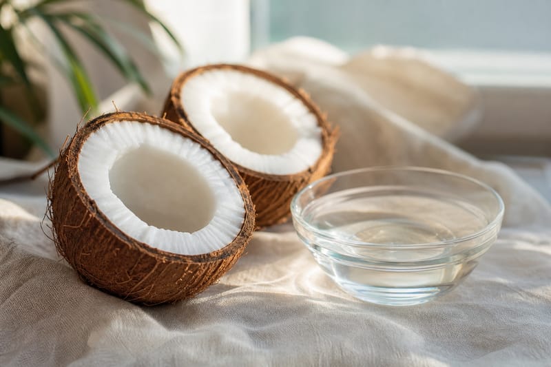 Noce di cocco aperta e ciotola di olio di cocco