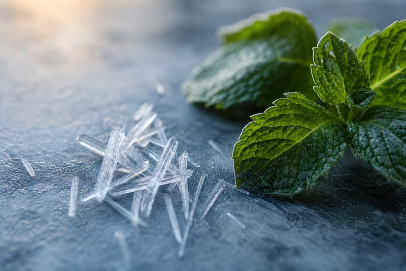 Cristalli di mentolo accanto a foglie di menta